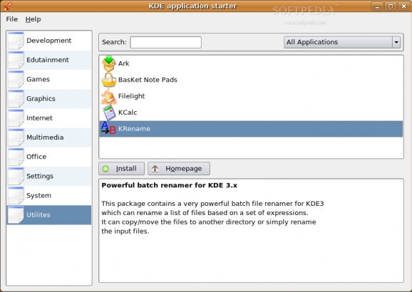 KDE application starter and installer screenshot